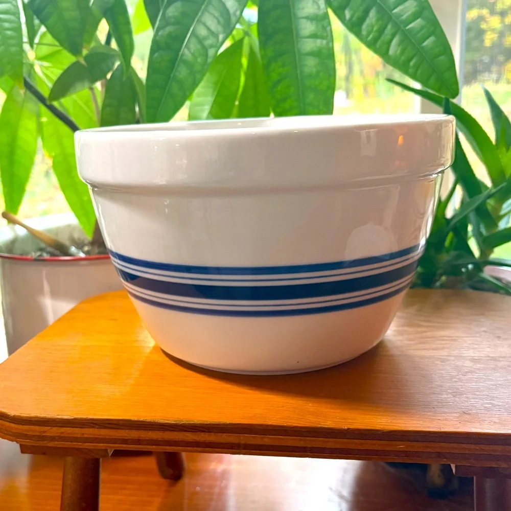 Two Crate and Barrel Heavy Ceramic Bowls White with Blue Stripes